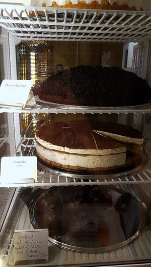 View into the daily-changing dessert fridge - all vegan!! at Cafe Morgenrot in Berlin