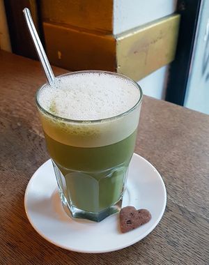 Matcha latte with oat milk at Cafe Morgenrot in Berlin