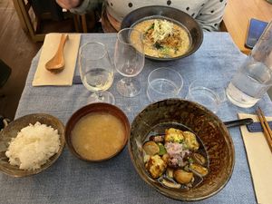 Tofu dish with rice and miso soup and Ramens  at Etxe Nami in Saint-jean-de-luz