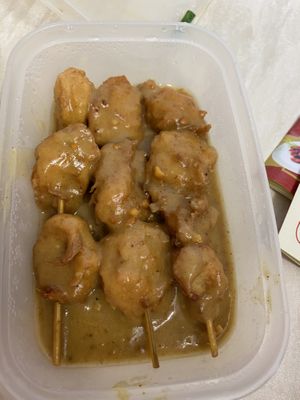 Satay vegetarian chicken skewers  at New Happy Palace  in Gillingham