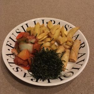 Sweet & Sour Mock Chicken Hong Kong Style with Seaweed, chips and spring rolls. at New Happy Palace  in Gillingham