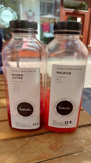 Freyhly squeezed juices. at Barbarella Juicebar in Ljubljana