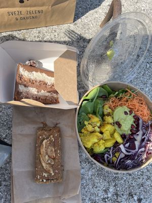 Quinoa salad, cake, and tart at train station.  at Barbarella Juicebar in Ljubljana