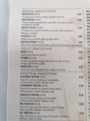 Smoothie menu at Barbarella Juicebar in Ljubljana