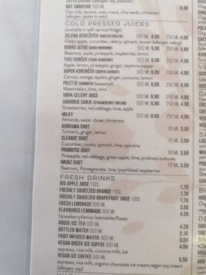 Juices and fresh drinks menu at Barbarella Juicebar in Ljubljana