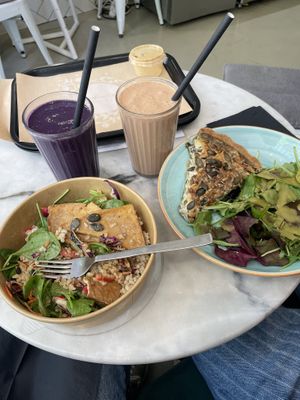 Blueberry & peanut butter protein shakes, Japanese bowl, quiche & salad  at Barbarella Juicebar in Ljubljana