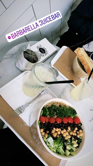 salad and asparagus soup with bread at Barbarella Juicebar in Ljubljana