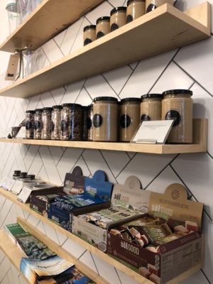 shelf with goodies at Barbarella Juicebar in Ljubljana
