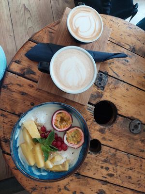 Chai latte, coffee and exotic yoghurt bowl at Ready in Luxembourg City