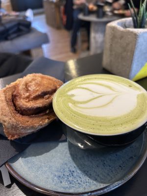 Accompanied of a nice matcha latte & cinnamon bun  at Ready in Luxembourg City