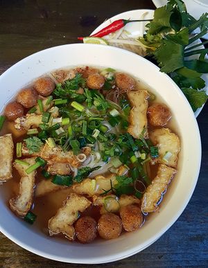 Hu tiu Sai-Gon (vegan): Rice noodles in radish soup with soy meats and tofu  at Miss Saigon in Berlin