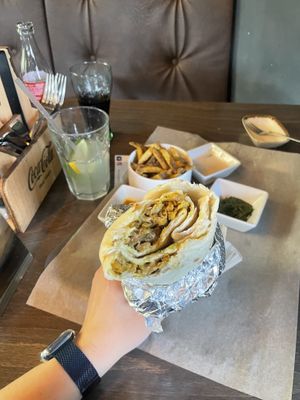 Vegan shawarma with fries and vegan dips  at  Paprika in Prague