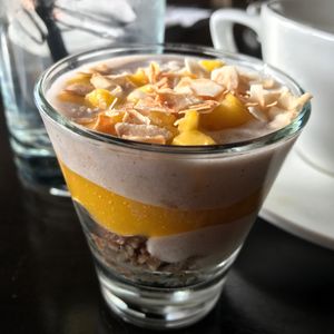 Mango coconut custard!  Love the teeny sized sweetness!  The sorbets were perfect, too!  (Not tooth-hurting sugary) at Harvest Seasonal Grill & Wine Bar in Harrisburg