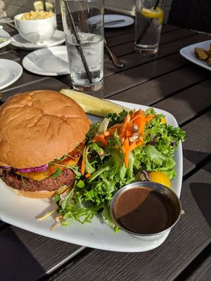 Hawaiian BBQ Impossible Burger! Pineapple, cabbage, vegan aioli, and coconut! So delicious at Harvest Seasonal Grill & Wine Bar in Harrisburg