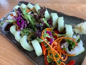 Green Turtle Sushi Roll: Cucumber, Tomato, Kampyo, Avocado, Asparagus, Spring Mix with Maru's Vegan House Dressing.  Kalamazoo Vegan Chef Challenge (May 2024) at Maru Sushi in Kalamazoo
