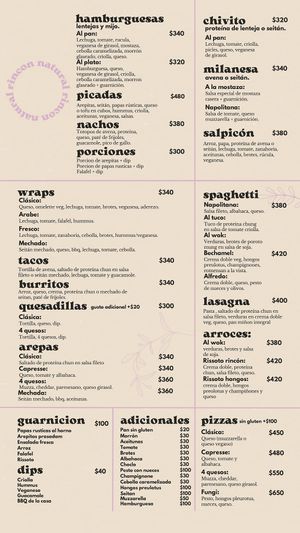 Food menu  at Rincón Natural in Montevideo