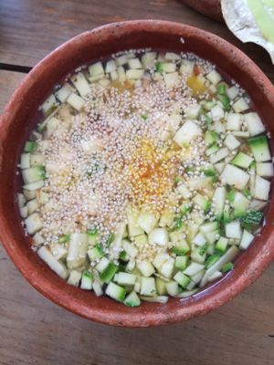 Cauliflower soup with courgette, amaranth and turmeric, super healthyyy at Schizandra in Oaxaca