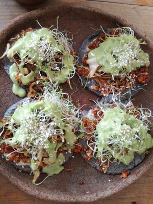 The most delicious blue corn tacos!!! at Schizandra in Oaxaca