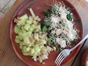 Delishhh potato salad with guac, and green salad with cress and sesame sauce at Schizandra in Oaxaca