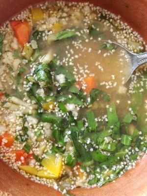 Rice and amaranth soup with vegetables at Schizandra in Oaxaca