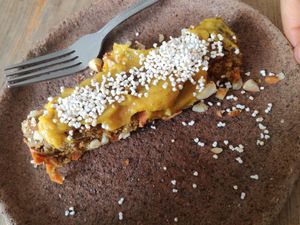 Amazing carrot cake dessert with some sort of (mango?) jam topping! ❤️ at Schizandra in Oaxaca