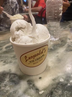 Vegan vanilla with vegan strawberry underneath.   at Leopold's Ice Cream in Savannah