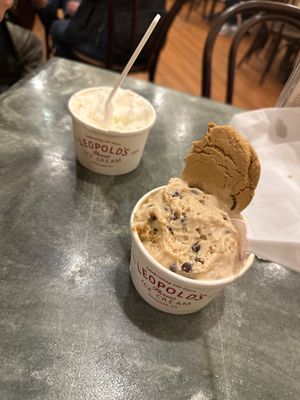 Vegan peanut butter chippy and lemon sorbet! The peanut butter is DELISH!!!! Sorbet is tasty too. Skip the cookie though (vegan and gluten free so a little grainy)  at Leopold's Ice Cream in Savannah