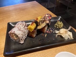 Miso roll, corn crunchy sushi, aubergine crunchy sushi.  at Nooch - Barfuesserplatz in Basel