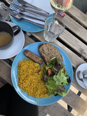 scrambled tofu eggs, pieces of tempeh, beyond sausage at Satsang in Prague