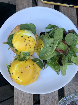 vegetarian option - eggs benedict from local bio farmers  at Satsang in Prague