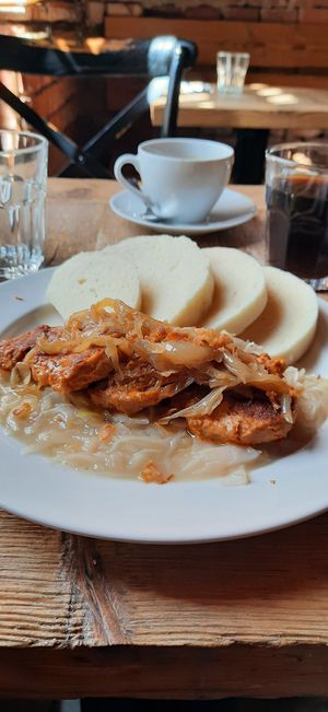 Vegan vepřo knedlo zelo (roasted pork with dumplings and sauerkraut) at Satsang in Prague
