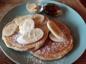 Vegan pancakes with banana at Satsang in Prague