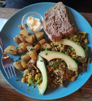 Scrambled 'Tofu' (Actually Chickpeas not Tofu) with added Mushrooms, Spring Onions and Avocado for Saturday Brunch at Satsang in Prague