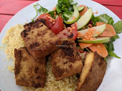 Grilled Tofu with salad and grains at Te'enim in Jerusalem