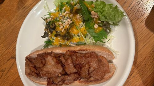 Bbq soy meat with salad  at Green Earth in Osaka