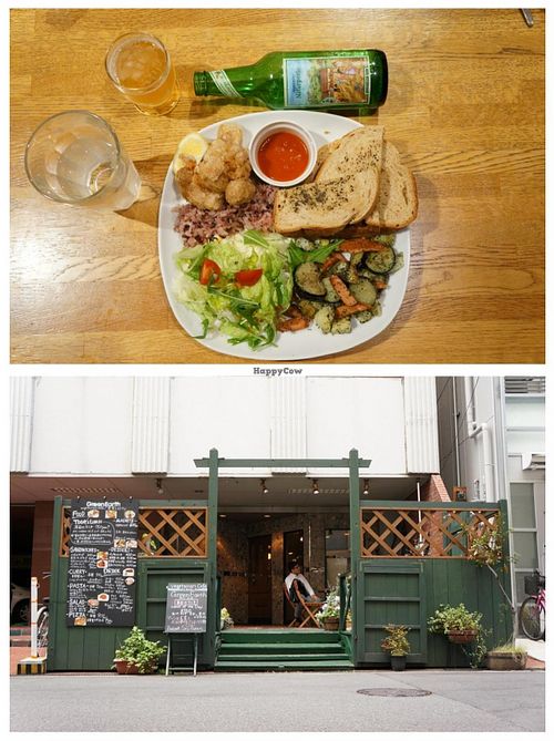 Deep fried soy nuggets, salad, soy sausages with sautèed vegetables and steamed rice  at Green Earth in Osaka