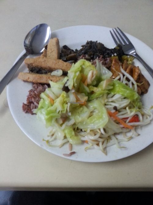 Mock fish, veggies, mock meat, rice at Su Shi Piao Xiang 素食飘香 - Fortune Centre in Central Singapore