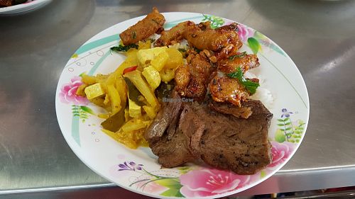 Rice, faux-meat and tofu at Youta Jay Vegetarian Food in Ayutthaya
