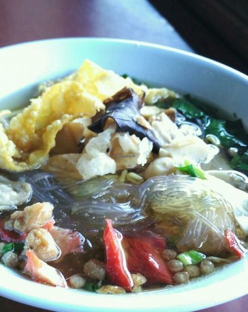 Noodle soup. You can chose various type of noodles. I have it with glass noodles here. (made from mung beans) at Chamlong's / The Vegetarian Society Chatuchak in Bangkok