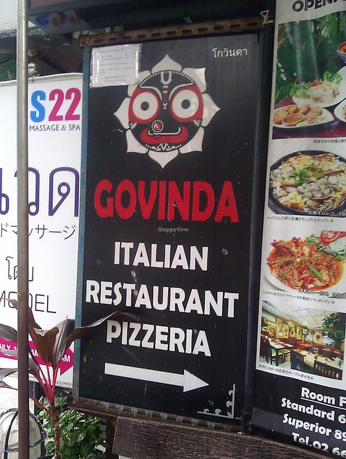 Turn right at this sign on the street ;) at Govinda Italian Restaurant & Pizzeria in Bangkok