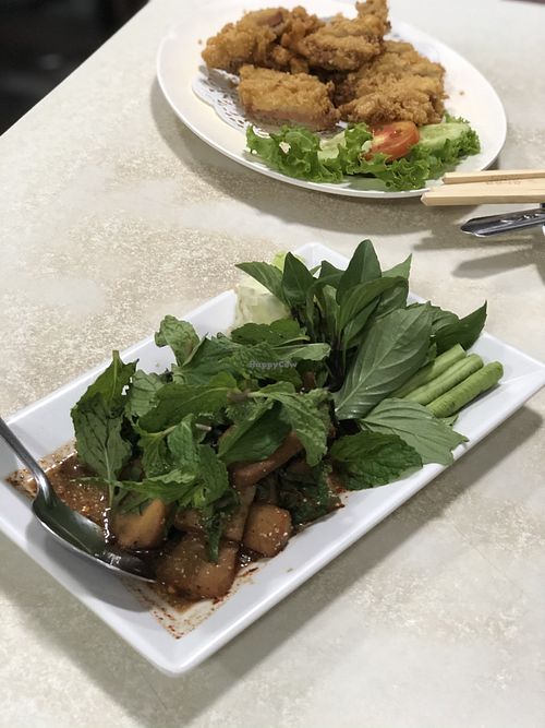 Nam tok salad and fried vegan chicken  at Ruyi Vegetarian in Bangkok