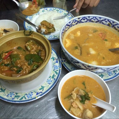 spicy eggplant and tom yum soup, with rice at Ruyi Vegetarian in Bangkok