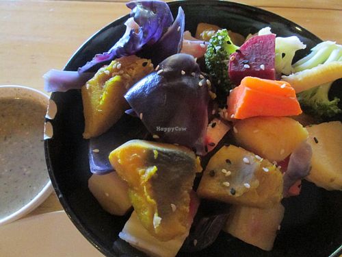 steamed vegetable salad with yummy dipping sauce made from blended apple, sesame and ginger at Aum in Chiang Mai