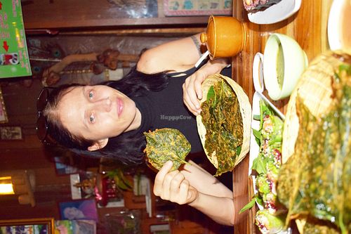 With their signature dish, crispy deep fried leaves! at Aum in Chiang Mai