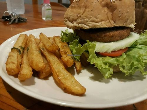 Veggie burger with fries  at Aum in Chiang Mai