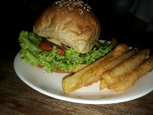 Burger and fries (vegan) at Aum in Chiang Mai