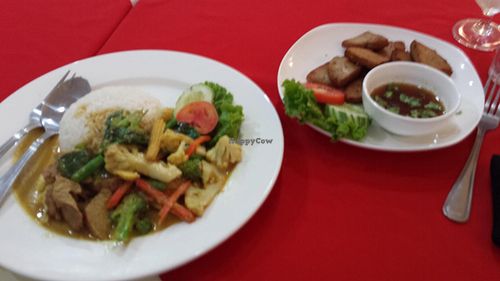 My first meal in Js.  The appetizer is grilled pork neck.  Veggie of course. No idea how they get that taste.   at Five Star J Restaurant in Pattaya