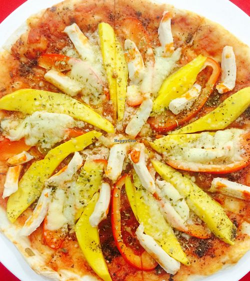 Original Italian Seafood pizza with seafood made of konjac roost at Five Star J Restaurant in Pattaya