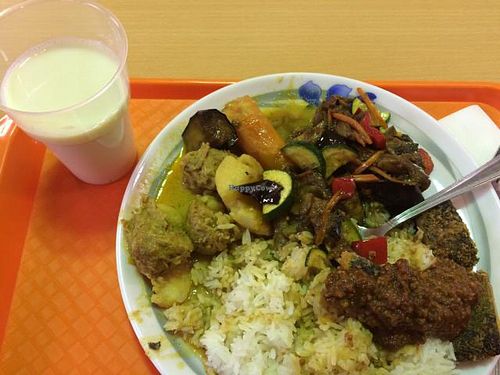Curry, Eggplant and V-Fish w/ rice and Soya Bean Milk at Pure Vegetarian - Total Vegetarian - Stall in Adelaide