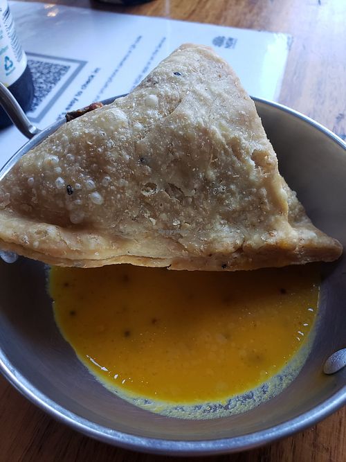 Vegan samosa and mango chutney at Cardamom Pod in Byron Bay